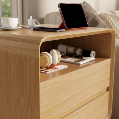 Image of Nasonet Night Stand with Charger Station, Mid Century Modern Nightstand with 2 Drawers, Wood Bedside Table for Bedroom, Curved Beveled Design, Oak