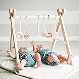 Mallify Wooden Baby Gym with 6 Gym Toys, Foldable Baby Play Gym, Natural Pine Wood Play Gym, Frame Activity Center Hanging Bar, Wooden Play Gym