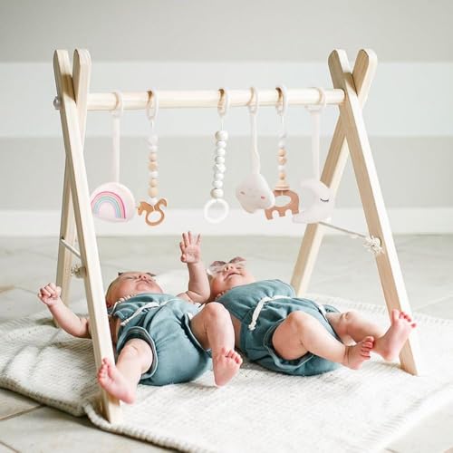 Mallify Wooden Baby Gym with 6 Gym Toys, Foldable Baby Play Gym, Natural Pine Wood Play Gym, Frame Activity Center Hanging Bar, Wooden Play Gym