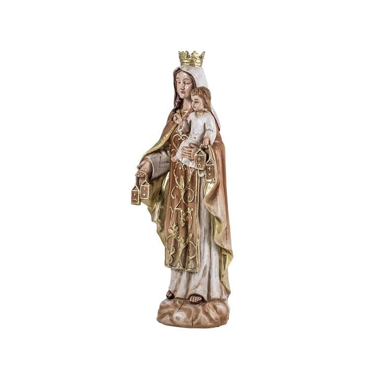 Figura Virgen del Carmen patrona de la Armada Española y de los Marineros de Resina Pintada a Mano Estilo Madera Clara de 20 cm