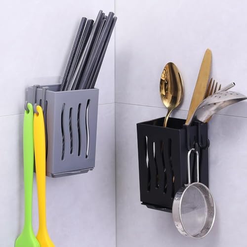 Image of Multifunctional Kitchen Utensil Rack Draining Chopstick Holder Wall-Mounted Freestanding Cutlery Storage Box (Black)