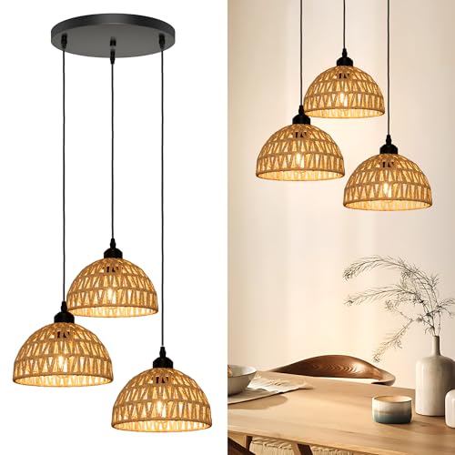 Aulaiyi Rattan Pendelleuchte Esstisch 3 Flammig, Boho Hängelampe...