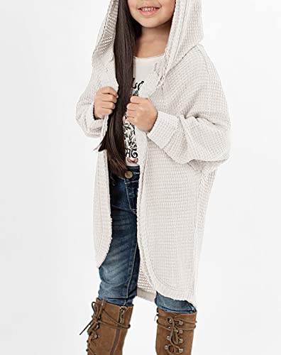 Girls' Long Cardigan Sweaters Lightweight Waffle Knit Batwing Sleeve Hooded Casual Outerwear 5-14 Years Beige #TOP2
