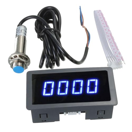 Ticfox 4 Digital LED Display Drehzahlmesser, Geschwindigkeitsanzeige Tachometer, Drehzahlmesser RPM Geschwindigkeit Meter mit Hall Näherungssensor NPN/PNP Eingang,10-9999RPM Bereich(Blau)