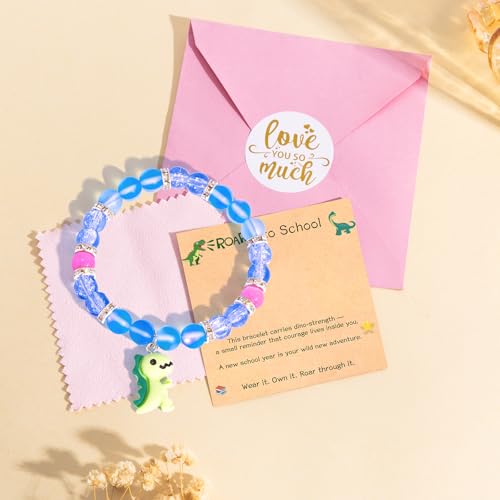 Image of Back to School Dinosaur Bracelet Stretchy Beaded Wristband with Encouragement Card Back to School Gift from Mom for Son, Daughter, Grandson, Granddaughter