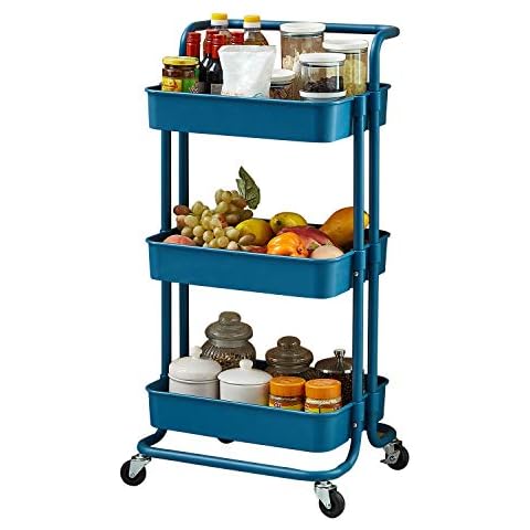 3-Tier Rolling Utility Cart Metal Organization Storage Cart Dark Blue Kitchen Trolley Service Cart with Lockable Wheels for Bathroom, Kitchen, Office Cover