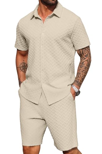 PrinStory Mens 2 Pieces Outfits Short Sleeve Tracksuit Beach Button Down Shirts and Shorts Set with Pockets Apricot-L