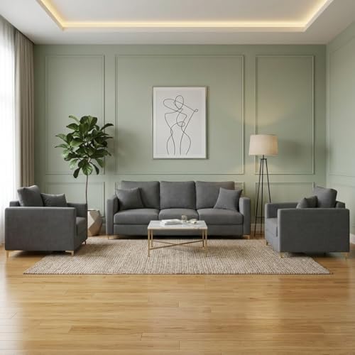 Image of CASACOMFORT Hayes Rich Velvet Suede 3+1+1 Seater Sofa Set | Golden Aesthetic Legs | Soft Touch Comfort Seating | 5 Person Seating | Modern Living Room Set (Dark Grey)