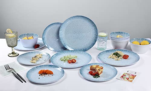 Dinnerware Set - 12Pcs Melamine Plates And Bowls Set, Service For 4, Light Blue With Spot #TOP5