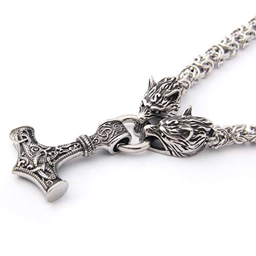 GUNGNEER Thor Hammer Pendant Viking Mjolnir Necklace for Men with Wolf Head King Chain, Stainless Steel, 2 Rune Beads Gift3