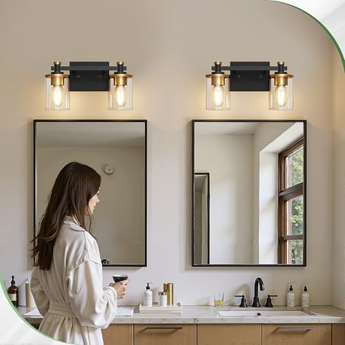 Image of DORESshop 2-Light Black and Gold Bathroom Light Fixtures, Vanity Lights Fixture with Clear Glass Shade, Bathroom Vanity Light for Mirror Kitchen Bedroom, Modern Wall Lights Over Mirror