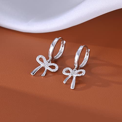 Reffeer Solid 925 Sterling Silver Bow Drop Hoop Earrings for Women Teen Girls Bowknot Hoop Earrings Huggie Ribbon Earrings4