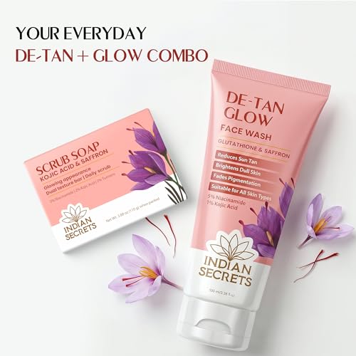 Image of Glow Combo | De-Tan Face Wash & Scrub Soap For Brightening & Glowing Skin | Kojic Acid, Saffron, Glutathione, Niacinamide, Turmeric | Reduces Tan | For Men & Women, Pack of 2