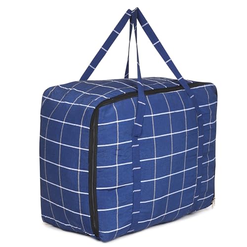 Image of HOUSE FOX (5 pc) Jumbo XXXL Cotton 142 Litre Underbed Storage Bag for Double Blanket | Quilt | Clothes | Traveling Storage Bag with Heavy Zipper & Strong Handle MultiPurpose 70x60x34 Cm Navy Blue