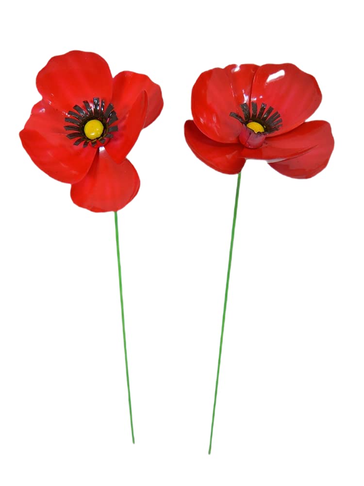 Handcrafted Metal Poppy Flower Garden Ornaments, Set of Two, 45cm Tall - Outdoor Garden Decorations for Borders, Pots, Flower Beds & Memorials - Unique, Fairly Traded Garden Décor - Two Flowers