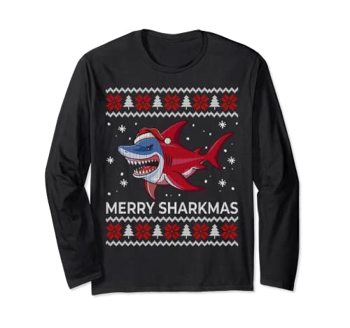 Merry Sharkmas Santa Shark feo suéter navideño Manga Larga