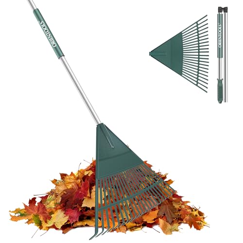 ORIENTOOLS 69 Adjustable Leaf Rake with 5-Section Handle 26-Tine Durable Plastic Head Dual-Use Design Converts to Leaf Scoops Lightweight Yard Rake for Lawns Grass Shrubs & Garden (Foldable)