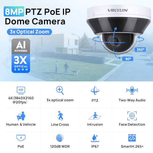 Image of VIKYLIN 8MP 4K PTZ IP Camera with 3X Optical Zoom, IMX415 Sensor Outdoor PoE Security Camera,AI Human &Vehicle Detection, 2-Way Audio, 2.8-8mm Motorized Lens, 100ft IR Night Vision,IP66,NDAA Compliant