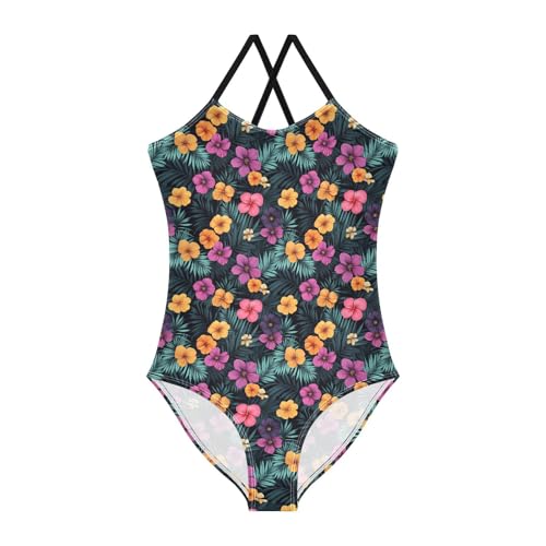 JUNZAN Tropical Palms Hibiscus Kids Swimsuits Bathing Suit Swimsuits for Girls Size 7-8 Black