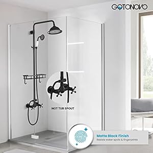 Gotonovo matte black 8 inch rainfall shower head dual functions wall mounted exposed shower faucet with shower shelf double cross handles with adjustable ceramics handheld sprayer shower shower system  urban country home decor
