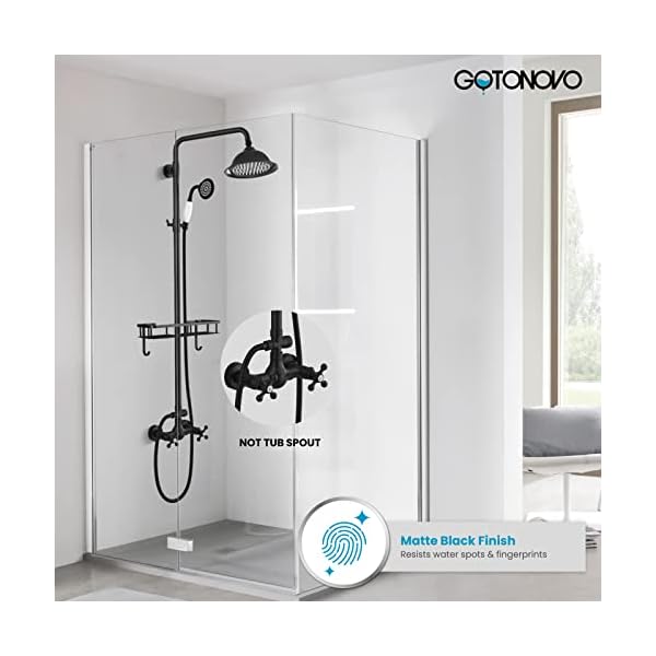 Gotonovo matte black 8 inch rainfall shower head dual functions wall mounted exposed shower faucet with shower shelf double cross handles with adjustable ceramics handheld sprayer shower shower system  urban country home decor