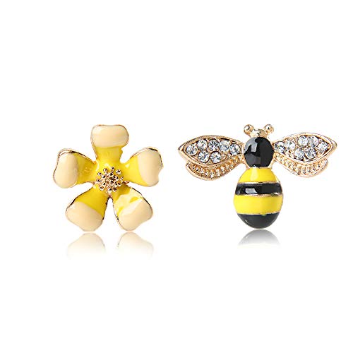 Leadigol 1Pair Asymmetrical Bee Flower Stud Earring,Lovely Enamel Flower Stud Earring Honey Bee Stud for Women