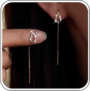 Boho Wedding Tiny Cz Teardrop Threader Earrings Gold Silver Dainty Pear Pull Through Earrings Thread Long Chain Tassel Dangle Small Crystal Stud Cute Simple Line Bar Drop Delicate Minimalist Women