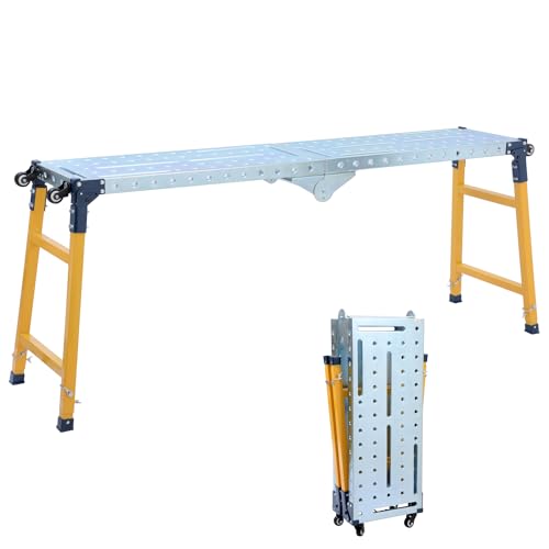 TOPWAY Plataforma de Trabajo Ajustable Plegable, Capacidad de Carga de 500 kg, con 4 Ruedas, Andamio Plegable para Banco de Trabajo para Trabajos en Interiores y Exteriores, 180 x 36 x 120,5 cm