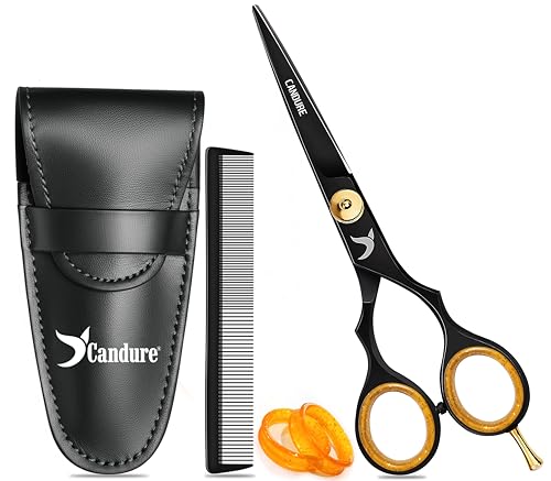 Candure Hairdressing Scissor with Comb & Leather Pouch 6.5 - Hair Scissor for Professional Hairdressers Barbers Stainless Steel Hair Cutting Shears for Salon Men Women Children and Adults Black