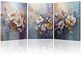 Piy Painting 3 Teilig Modern Bilder Leinwand Farbenfrohe Blumen Wandbilder Wohnzimmer Modern Blau und Violett Floral Wandkunst Leinwand Malerei Kunstdrucke Wandbilder mit Rahmen Schlafzimmer 57x40 cm