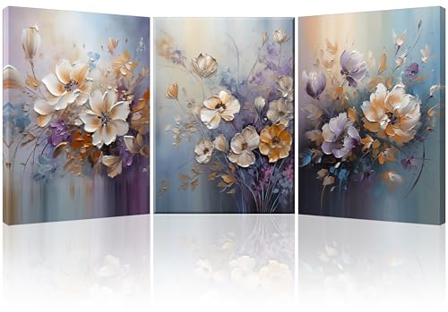 Piy Painting 3 Teilig Modern Bilder Leinwand Farbenfrohe Blumen Wandbilder Wohnzimmer Modern Blau und Violett Floral Wandkunst Leinwand Malerei Kunstdrucke Wandbilder mit Rahmen Schlafzimmer 57x40 cm
