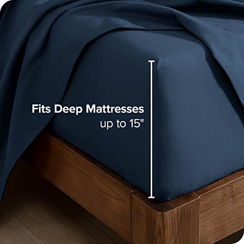 Bare Home Flannel Fitted Bottom Sheet 100% Cotton, Velvety Soft Heavyweight - Double Brushed Flannel - Deep Pocket (Queen, Dark Blue) #TOP2