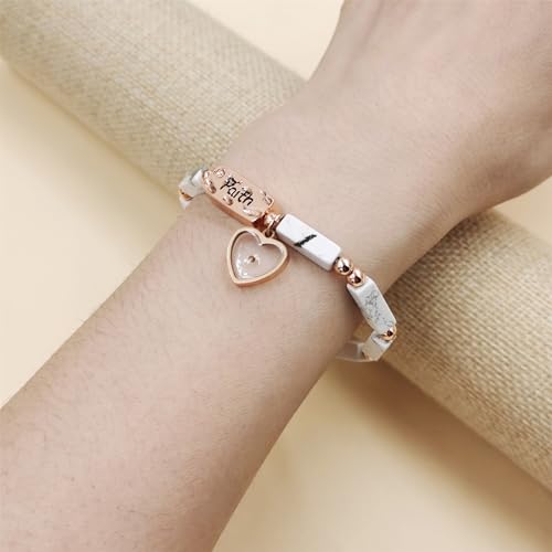 Image of Elastic Faith Bracelet for Women, Adjustable 7 inch Natural Stone Bracelet with Heart Mustard Seed Charm, Spiritual Christian Jewelry for Baptism, Graduation, Religious Celebration YA4856