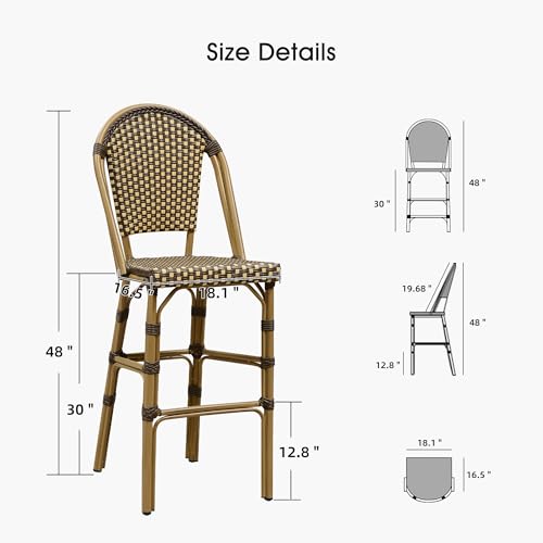 Image of PURPLE LEAF French Bar Stool Set of 4 Bamboo Print Finish Patio Bar Stools with Back Rattan Chairs Wicker Bar Height Stool 30 inch with Footrest Kitchen Island Stools Outdoor Barstool Brown