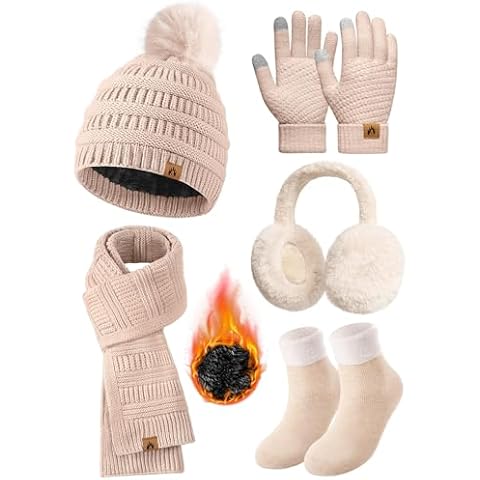 Uikue Womens Winter Knit Hat Beanie Scarf Touch Screen Gloves Ear Muffs Socks 5 Pieces Sets Faux Fur Pom Beanie Warmer Cap(Oatmeal) Cover