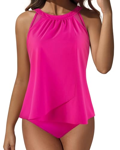 Image of SUUKSESS Women Tummy Control Tankini Bathing Suit Ruffle High Waisted Swimsuit