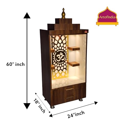 Image of White Wooden Pooja Mandir for Home & Office | Decorative Wooden Temple with Golden Om Jali, Warm LED Light (Brown)