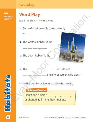 Evan-Moor Skill Sharpeners Science Workbook, Grade 2, Physical, Life, and Earth Science, Activities, Matter, Space, Animals, Plants, Habitats, Recycling, Geology, Weather, Engineering, Homeschool