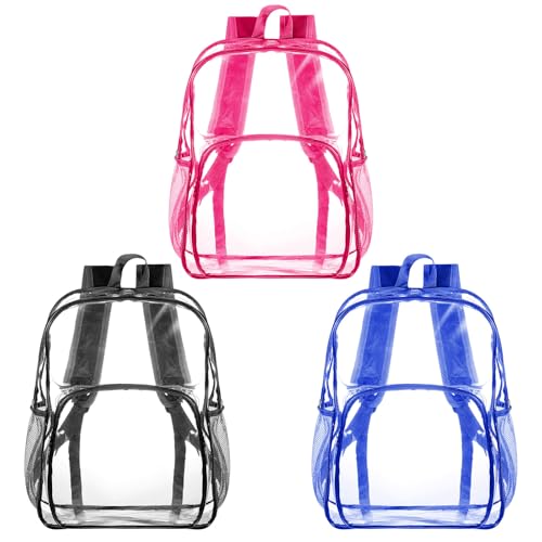 Image of Amylove 3 Pcs Clear Backpack bulk for Stadium Events Heavy Duty PVC Transparent Bookbag for College Workplace Security (15 Inches,3 Colors)