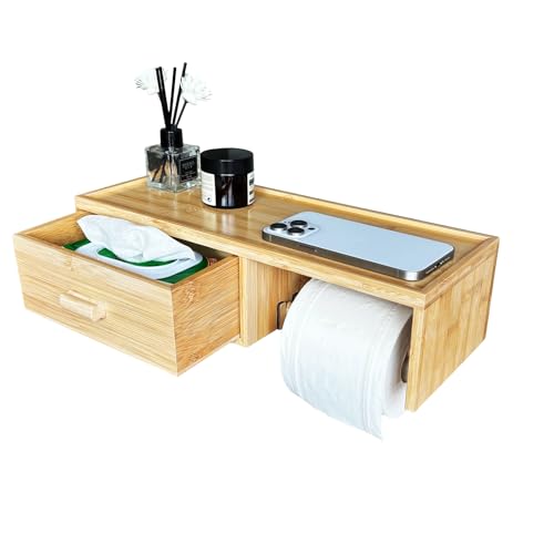 Bamboo Toilet Paper Holder with Shelf Wall Mount Bathroom Holder with Wet Wipes Storage Drawer(Natural)