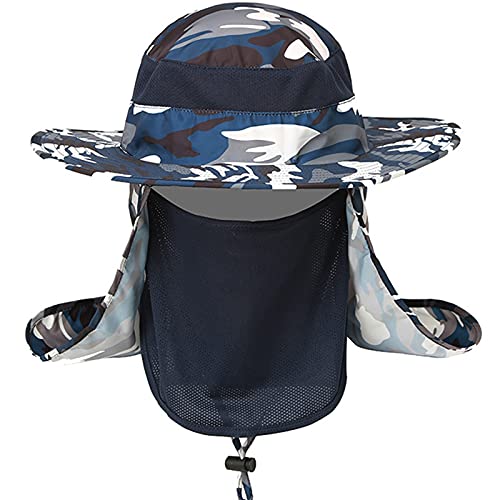 Outrip Fishing Hat for Men & Women, Outdoor UV Sun Protection Wide Brim Hat with Face Cover & Neck Flap (Camo Blue)