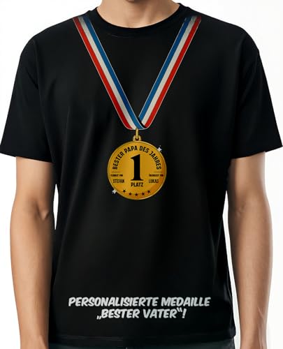 BLAK TEE Bester Papa T-Shirt mit Medaillen-Design – Personalisiertes Vatertagsgeschenk mit Urkunde – Lustiges Papa Tshirt für Vatertag Medaille XL