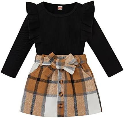 Toddler Baby Girl Skirt Outfit Long Sleeve Ruffle Shirt Top Mini Skirt Set 2Pcs Kids Little Girl Clothes Fall Winter (Black,2-3 Years)