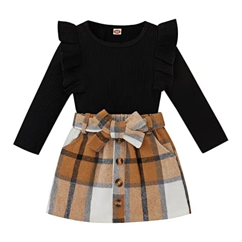 Yccutest Toddler Baby Girl Skirt Outfit Long Sleeve Ruffle Shirt Top Mini Skirt Set 2Pcs Kids Little Girl Clothes Fall Winter (Black,18-24 Months) Cover