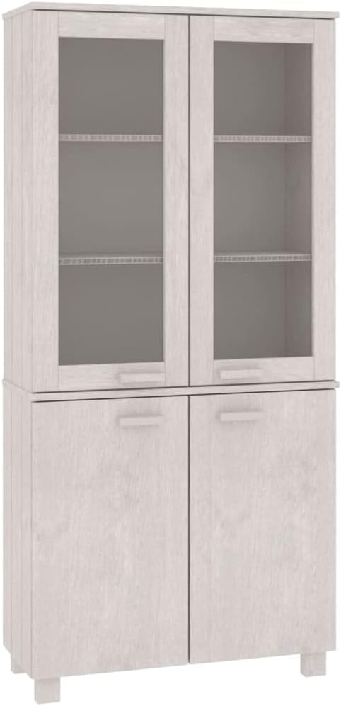 White Solid Pine Wood and MDF Large Highboard Set of 2 with Glass, Rustic Living Room Furniture with Adjustable Shelves and Wall Mount Safety