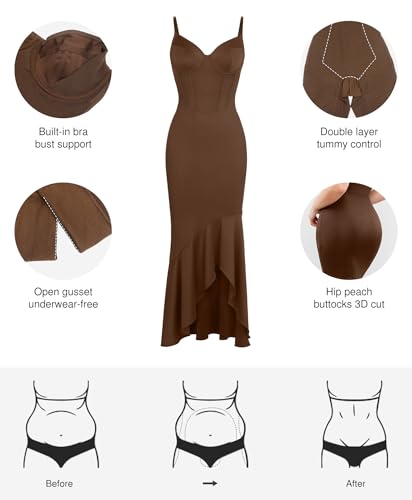 Popilush Corset Dress Built in Shapewear - Formal Dress for Women Deep V Neck Maxi Slip Bridesmaid Dresses for Wedding Brown — view 5