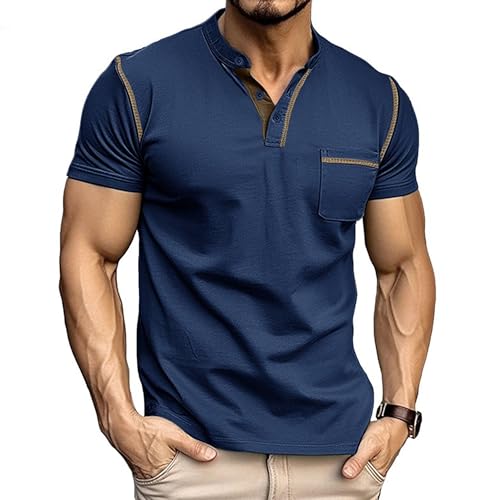 Men Quarter Button Henry Shirts Front Pocket T Shirt for Casual Daily Wear Summer Classic Comfy Pullover Tops (Royal Blue,XX-Large)