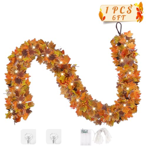 6FT Fall Decor, Fall Garland with Lights for Mantle, Fall Decorations for Home, Realistic Fall Leaves Garland with Pine Berries Cone for Outdoor Indoor Porch Table Fireplace Thanksgiving Decorations