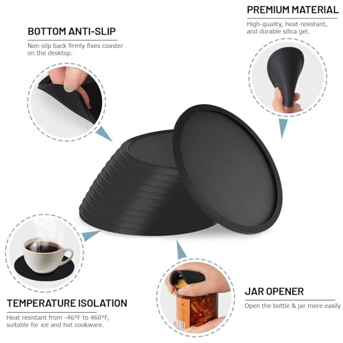 Gotanc Untersetzer Gläser 12er Set, Silikon Glasuntersetzer rutschfest und Isoliert Glas Untersetzer-Set, Rund Glasuntersetzer Schwarz mit Halter, für alle Arten von Tassen