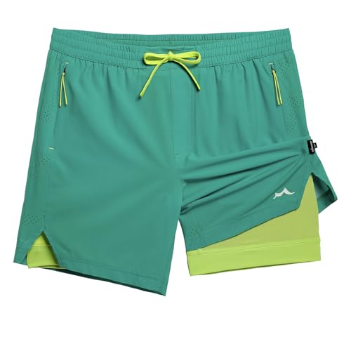 maamgic Men's Athletic Running Shorts with Liner Ultra Lightweight Workout Shorts 7' Quick Dry Gym Shorts with Zipper Pockets Teal Large